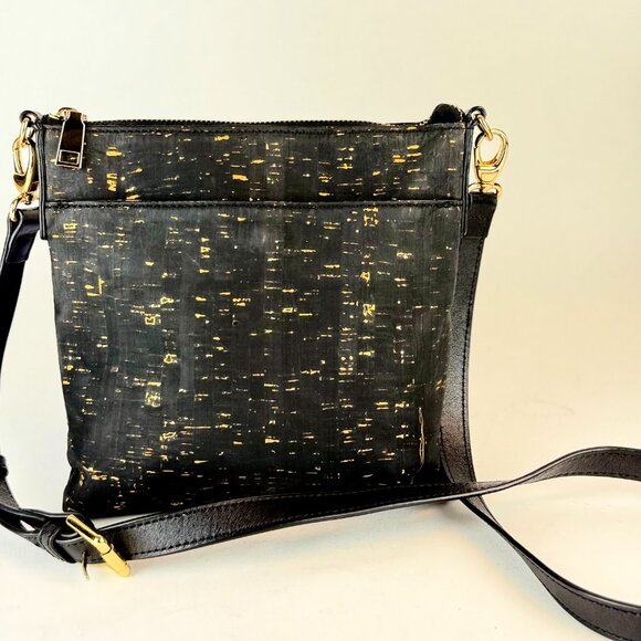 QUEORK Black Cork Crossbody Bag with Gold Flecks, Vegan Leather, Striped Lining - Picture 2 of 11